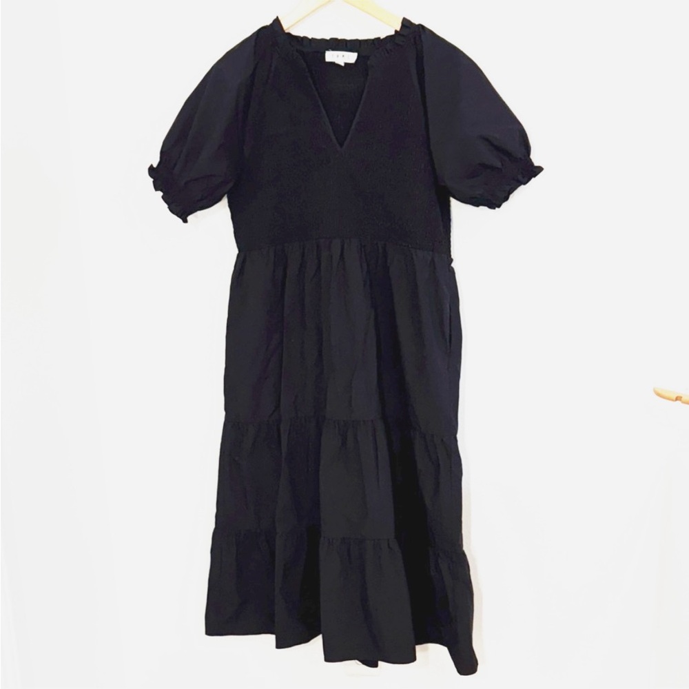 THML Black Smocked Midi Dress VNeck Short Puff Sleeves Size Large - Picture 2 of 7